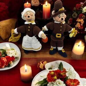 Annies Attic Set Of Two Mr & Mrs Pilgrim Bears Completed From Kit